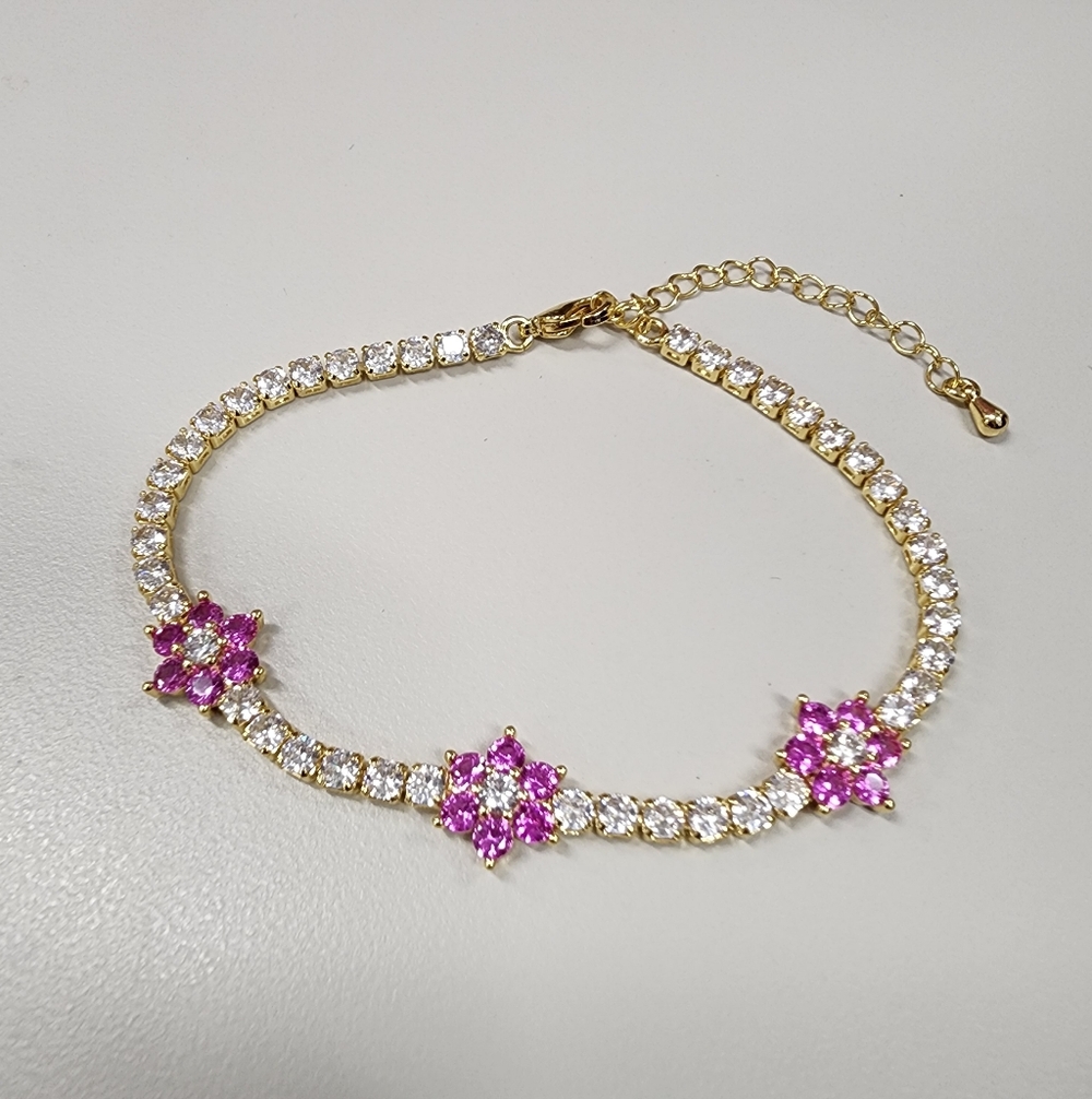 Pink Floral & Cubic Zirconia Tennis Bracelet Gold-tone Classy Feminine Party